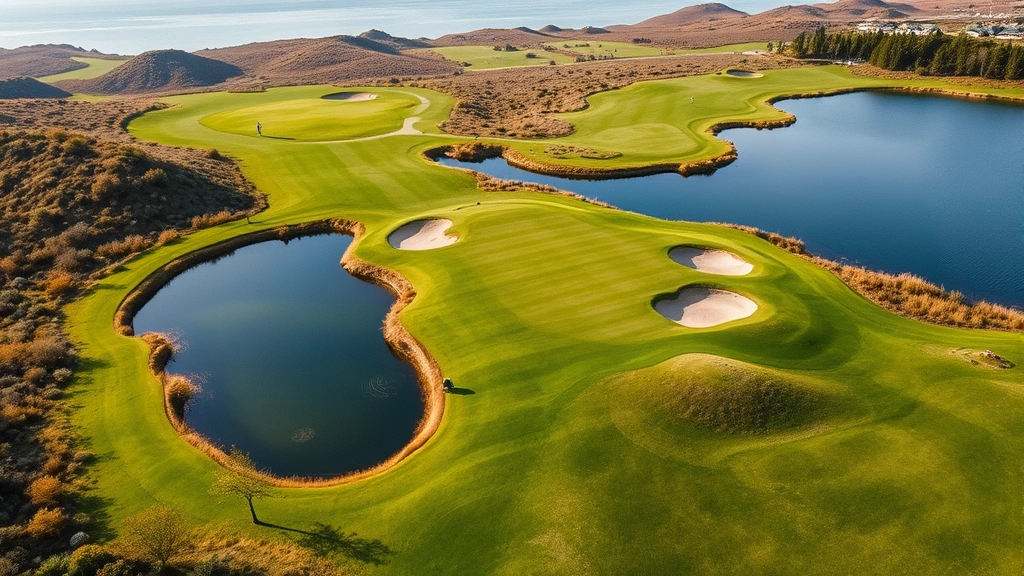 Aerial view of dramatic water hazard protecting green complex, bunkers visible, golfer on fairway in distance planning approach shot, scenic elevation changes
