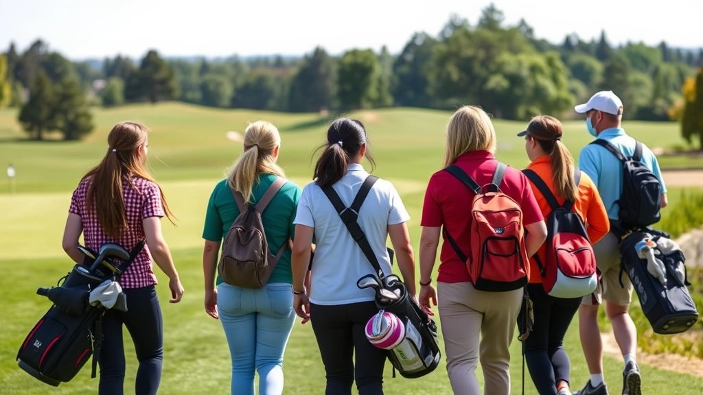 Diverse group of learners walking together on golf course between holes, discussing strategy, carrying golf bags, green landscape, collaborative outdoor learning atmosphere, engagement and dialogue