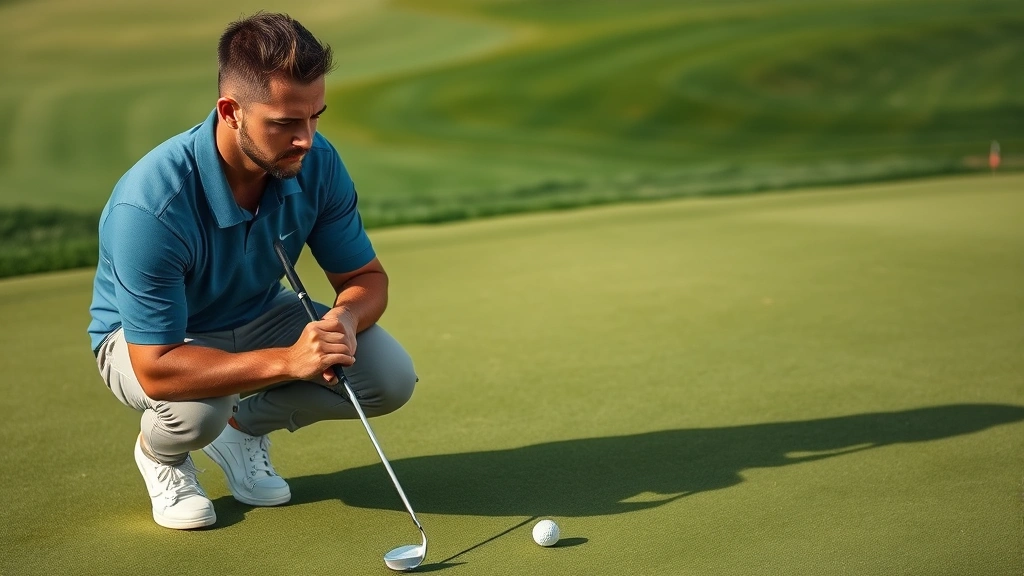 Professional golfer analyzing green with putting alignment tool before final hole, concentrated expression, well-maintained championship course green with subtle breaks and contours