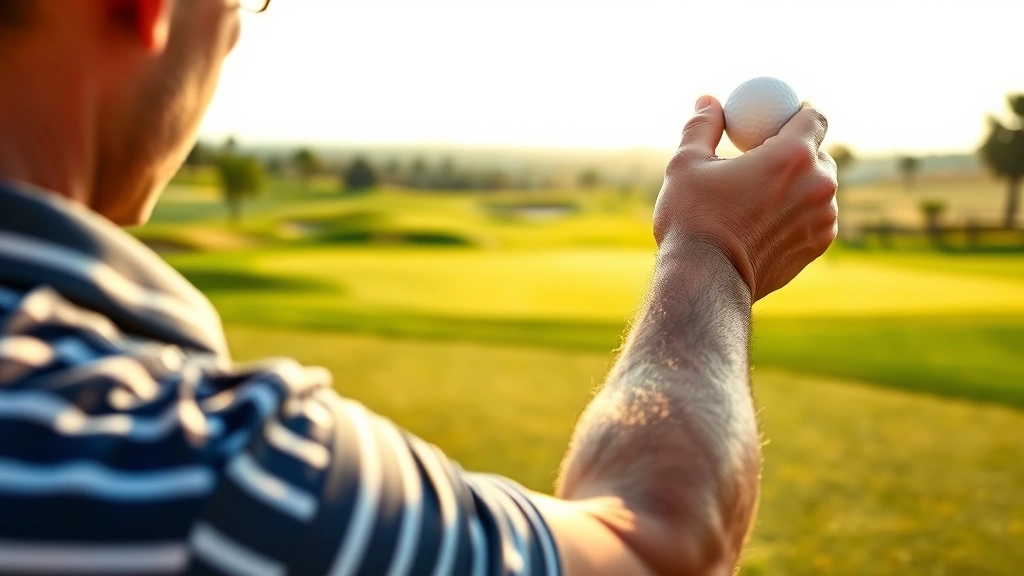 Close-up of golfer analyzing shot with course landscape visible, assessing hazards and distance, strategic thinking posture, natural lighting, beautiful fairway and green design, problem-solving focus