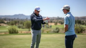 Professional golf coach demonstrating proper grip and stance to student golfer on practice range with natural Southern California landscape background