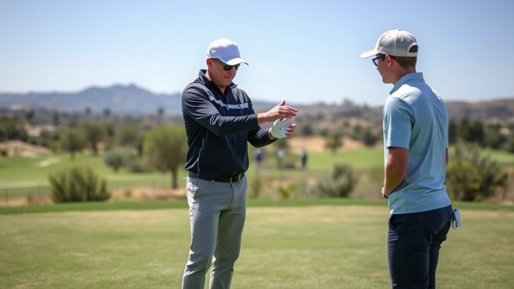 Professional golf coach demonstrating proper grip and stance to student golfer on practice range with natural Southern California landscape background