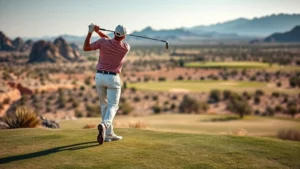 Golfer mid-swing on elevated tee with desert landscape and fairway stretching below, professional stance and form, natural lighting