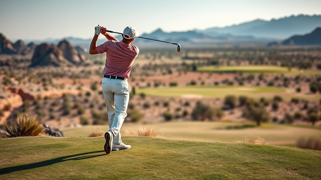 Golfer mid-swing on elevated tee with desert landscape and fairway stretching below, professional stance and form, natural lighting