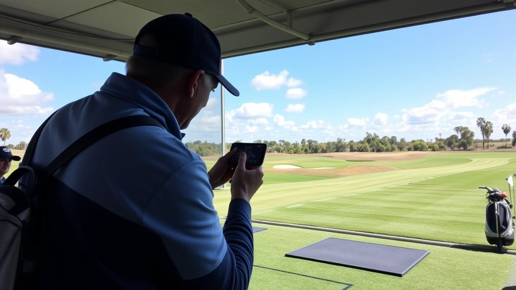 Golfer at practice range analyzing swing with coach providing feedback using video analysis technology outdoors