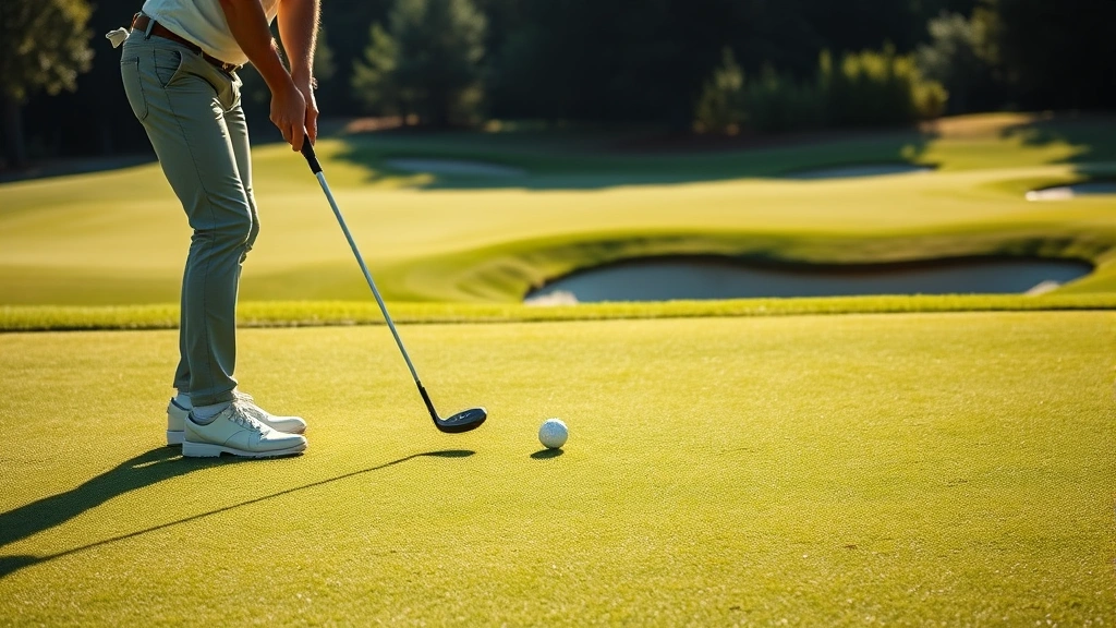 Golfer chipping onto manicured green with strategic bunkers visible, focused concentration, afternoon sunlight on pristine grass