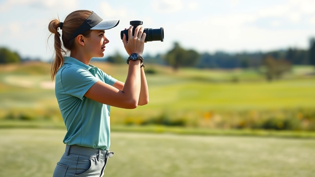 Female golfer analyzing course with rangefinder, standing on fairway studying terrain and distance, professional attire, natural course setting
