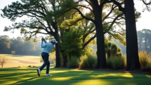 Professional golfer executing a precise approach shot on a tree-lined fairway with firm green turf and natural landscape, morning sunlight filtering through mature timber canopy