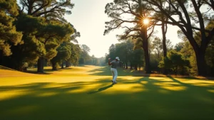 Professional golfer mid-swing on a beautiful fairway with mature trees framing the hole, bright sunlight, manicured grass, serene landscape
