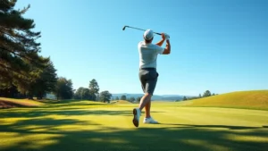 Professional golfer executing perfect swing on manicured fairway, championship course setting, clear sky, natural landscape background, photorealistic daylight