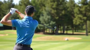 Professional golfer in polo shirt demonstrating proper golf swing stance on practice range with manicured fairway and trees in background, natural daylight
