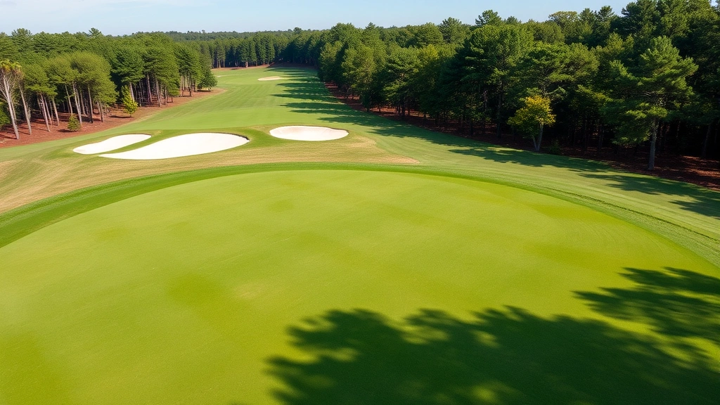 Elevated view of championship golf green with subtle contours, pristine sand bunker in background, manicured fairway leading toward wooded area with golfers in distance
