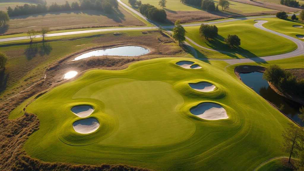 Aerial view of an elevated green complex with bunkers, water hazard reflecting sunlight, fairway in background, professional course maintenance visible