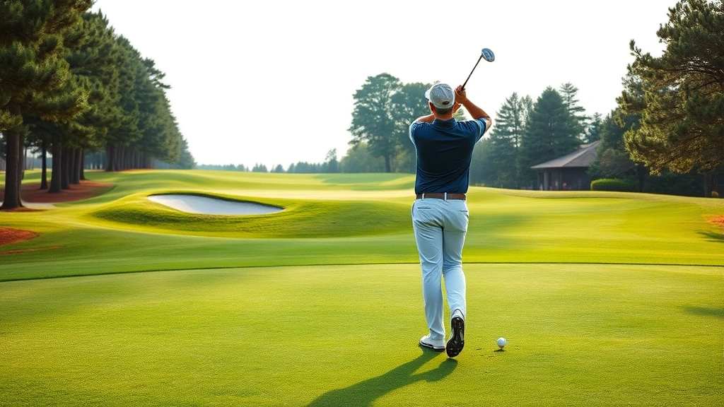 Golfer playing approach shot from fairway toward elevated green with bunkers, well-maintained turf conditions, tree-lined fairway, natural lighting afternoon