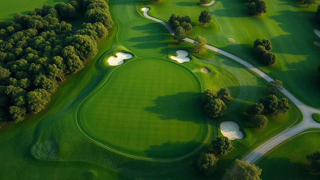 Pristine golf course hole with undulating green, bunkers, and tree-lined fairways, aerial or elevated perspective showing course design layout