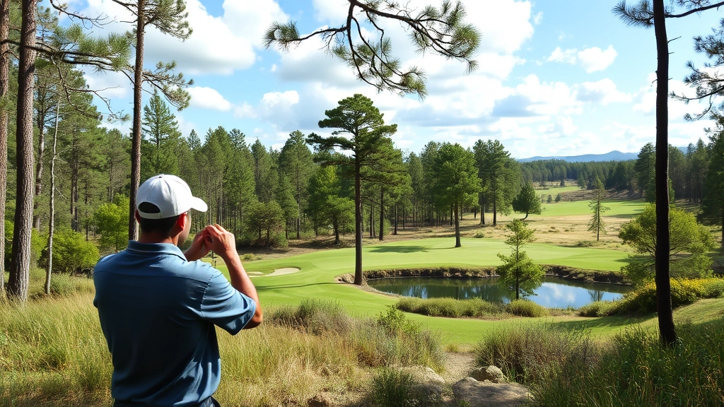 Golfer surveying par 5 hole through natural wooded corridor, dramatic elevation changes visible, water hazard reflecting sky, trees framing fairway strategically