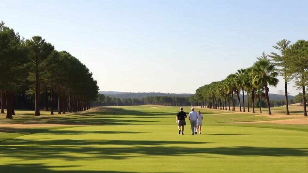 Golfers walking on a scenic fairway with natural landscape, trees creating natural frame, peaceful outdoor environment, clear sky, well-maintained turf