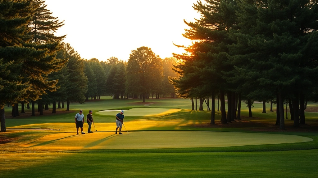 Group of golfers enjoying scenic hole on championship course with mature trees, pristine greens, natural beauty, golden hour lighting, peaceful ambiance