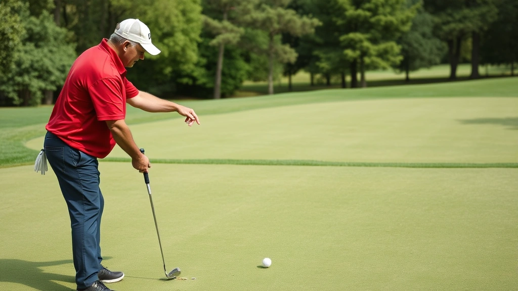 Golf instructor and student on practice putting green, instructor pointing to green contours, both focused on technique demonstration
