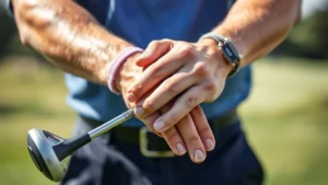 Professional golfer demonstrating proper grip technique on golf club, close-up of hands showing overlapping grip position with natural lighting and blurred course background