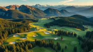 Aerial view of a mountain golf course with fairways winding through evergreen forests, dramatic elevation changes, and snow-capped peaks in distant background, golden hour lighting, photorealistic