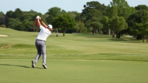 Professional golfer mid-swing on lush fairway with trees in background, perfect form captured mid-motion, natural daylight on well-manicured course