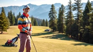 Beginner golfer in colorful golf attire standing on a mountain golf course fairway with Douglas fir trees and mountain peaks visible in background, holding golf club confidently, morning sunlight