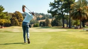 Professional golfer mid-swing on manicured fairway with trees and natural landscape in background, clear sunny day, focused athletic posture
