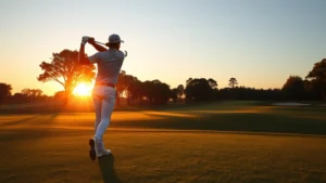 Professional golfer mid-swing at sunrise on well-manicured golf course, perfect form and posture, morning light creating long shadows on fairway