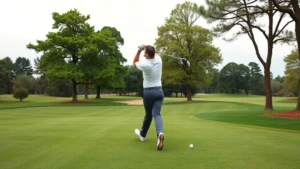 Professional golfer mid-swing on scenic golf course with manicured fairway, trees lining the sides, overcast sky, natural lighting, showing proper form and concentration