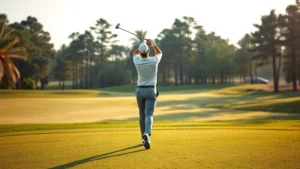 Professional golfer executing tee shot on championship golf course with trees and fairway in soft morning light, focused concentration, natural outdoor setting