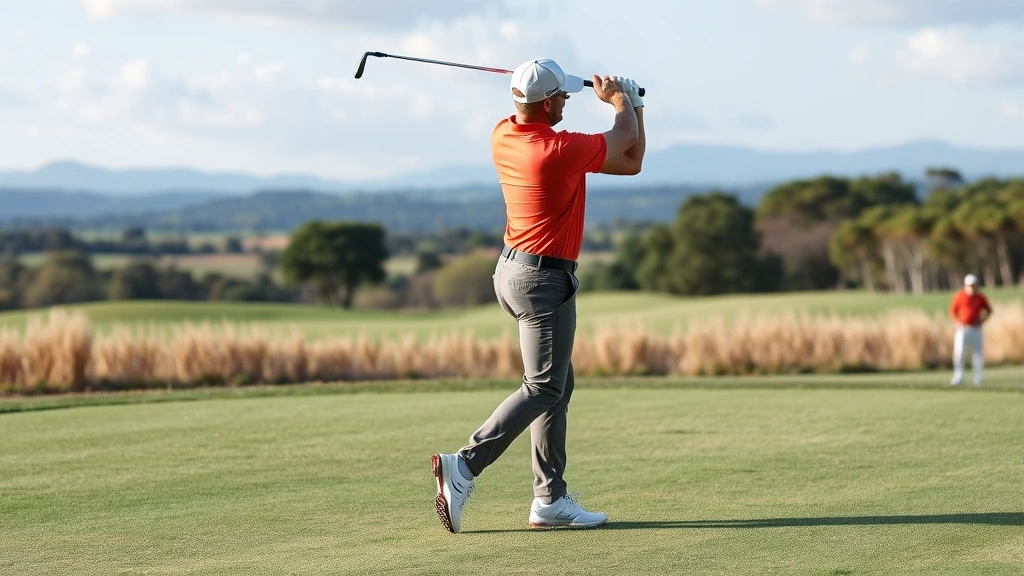 Golfer in mid-swing on fairway with beautiful landscape behind, showing complete follow-through position with balanced posture and proper body rotation, scenic golf course setting