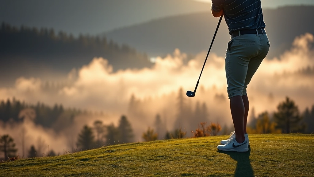 Close-up of a golfer mid-swing on an elevated tee box overlooking a valley, morning mist rising from forest below, professional golf photography style, natural daylight