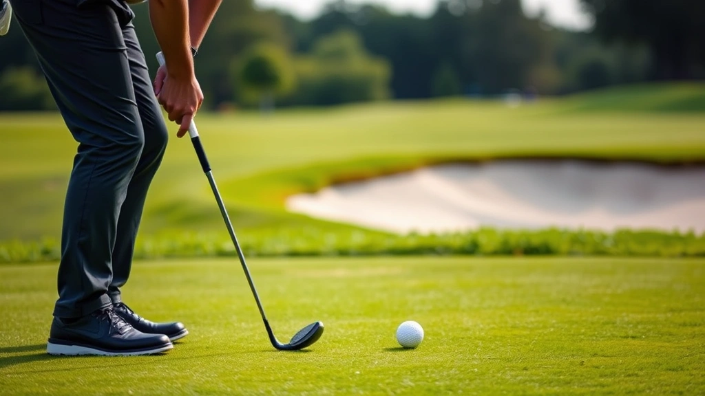 Golfer practicing short game near putting green, chipping technique visible, green grass and bunker in soft focus background, outdoor course setting