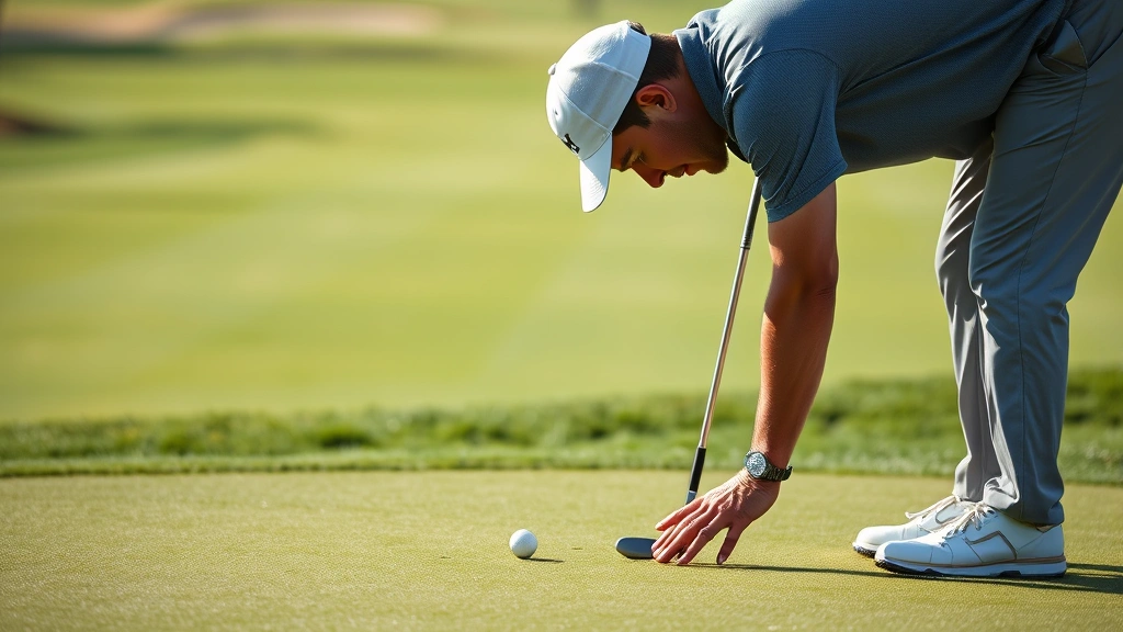 Golfer analyzing putting green from multiple angles, studying break lines and slope, bent over examining grass surface, serious concentration expression