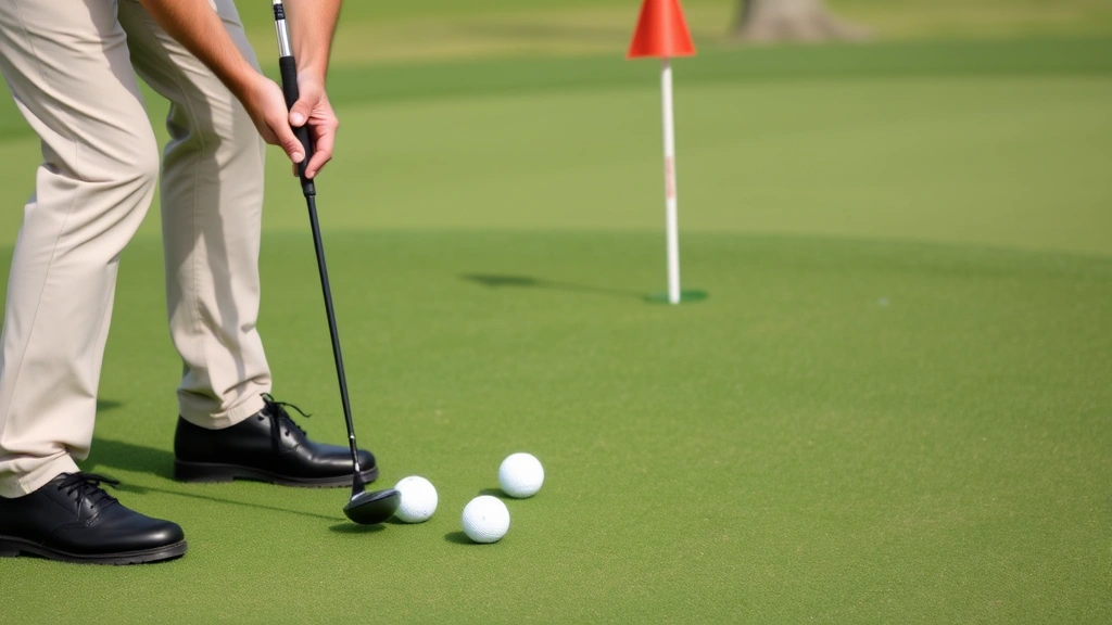 Golfer practicing short-game shots on putting green with multiple golf balls, focused concentration, manicured grass and pin in background