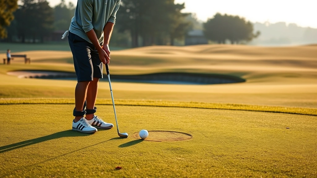 Golfer addressing ball on tee box with water hazard visible in background, fairway stretching ahead, morning light creating shadows, peaceful course setting without people in background