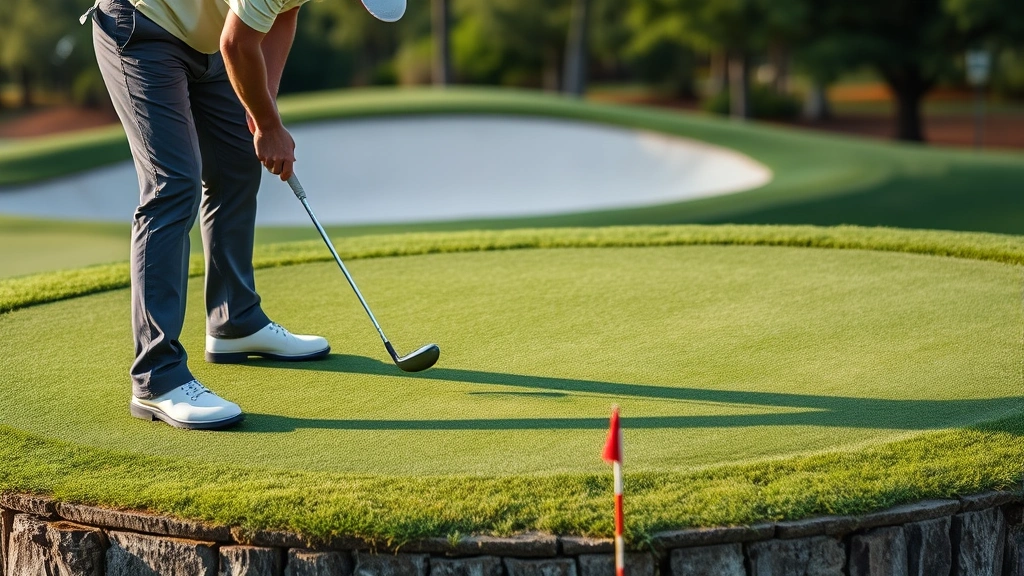 Golfer reading green and analyzing putt on elevated putting surface with subtle slopes and well-maintained grass, studying break direction intently