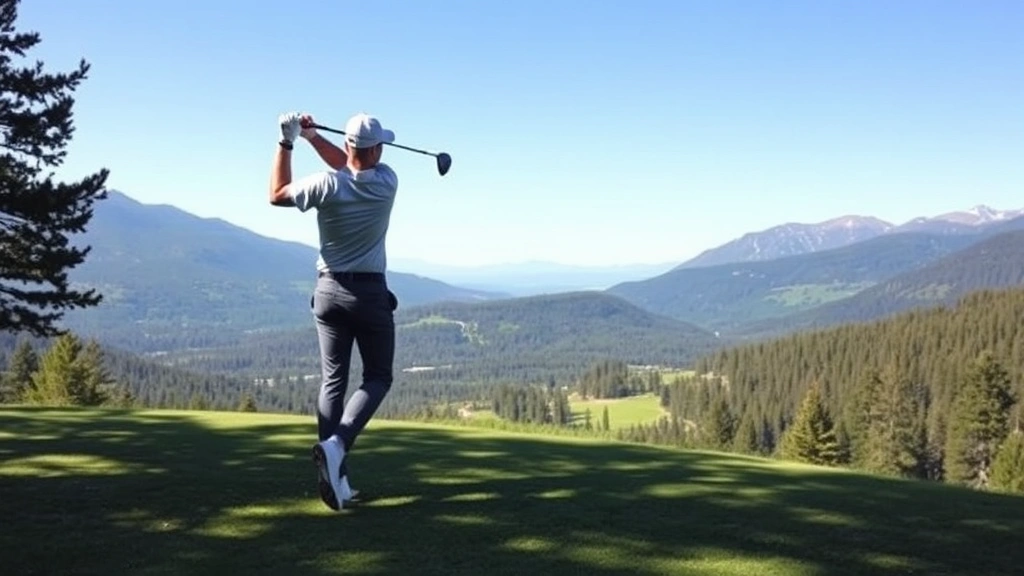 Golfer hitting from tee box on elevated hole with scenic mountain valley and forest landscape below, clear blue sky, professional golf posture and form