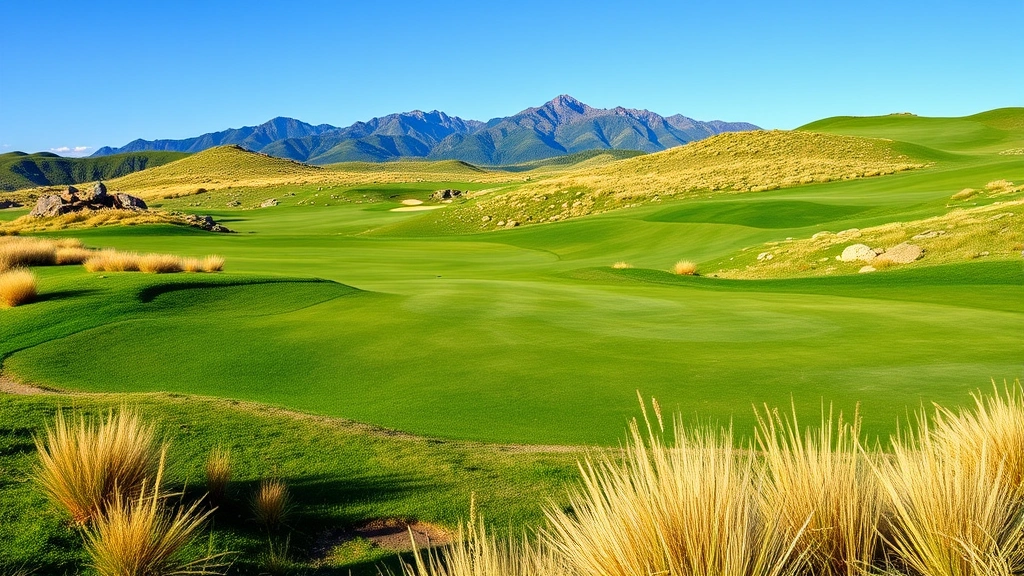 Golf course landscape showing undulating greens with native alpine grasses, scattered boulders, mountain vista backdrop, clear blue sky, pristine condition, photorealistic outdoor photography