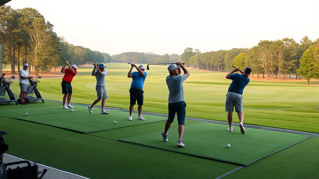Multiple golfers on driving range hitting balls with proper form, morning or afternoon natural light, manicured fairway extending into distance with trees
