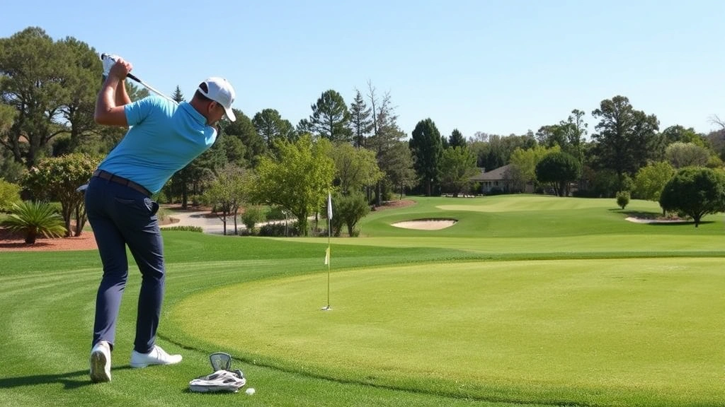 Golfer practicing short game shots near green, hitting chip shot from fairway edge with wedge, professional form, natural outdoor course setting