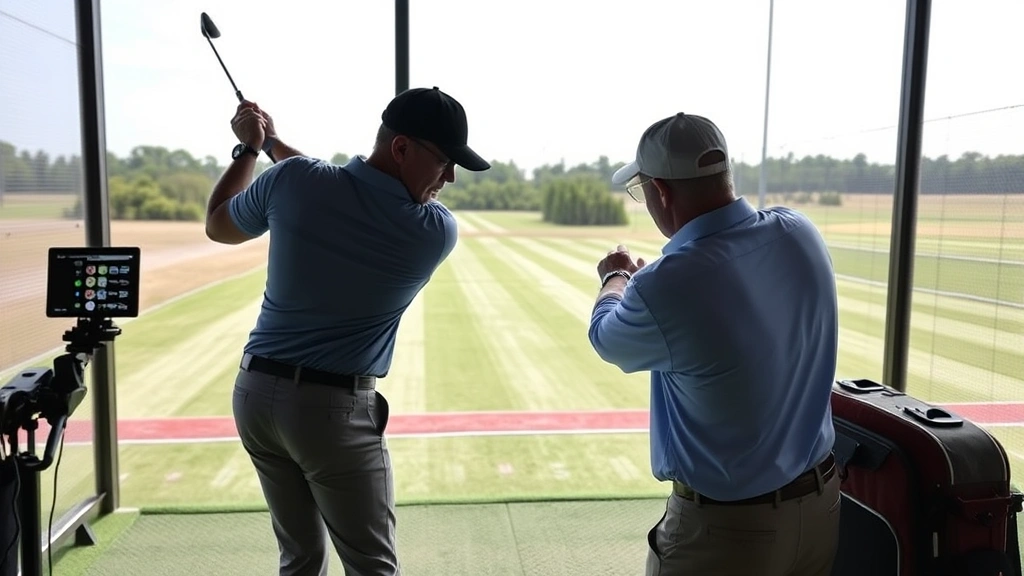 Golfer and instructor reviewing swing technique together on practice range, using launch monitor technology, professional learning environment with practice balls visible