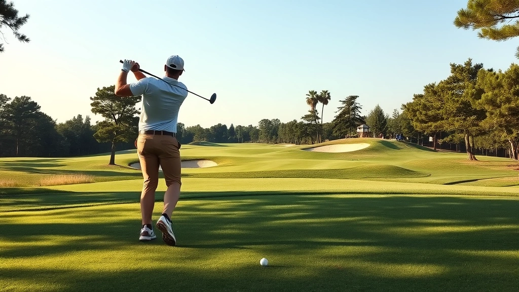 Golfer hitting approach shot from fairway toward green with bunkers visible, lush grass, trees framing the hole, natural landscape, clear focus on technique and ball position