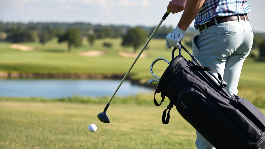 Golfer selecting club from bag on fairway with water hazard visible, considering approach shot strategy with course scenery in background
