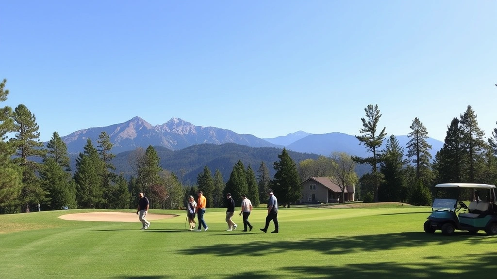 Group of golfers walking on manicured fairway with golf carts parked nearby, mountain scenery and pine trees framing the hole, sunny day with good visibility