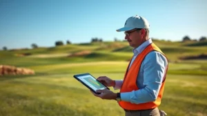 Professional golf course superintendent reviewing detailed turf health data on tablet while standing on well-maintained fairway with rolling greens in background, sunny day, realistic photography