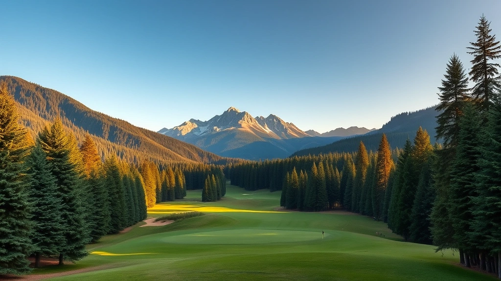 Scenic mountain valley golf fairway with evergreen forest lining both sides, morning sunlight filtering through trees, realistic landscape photography