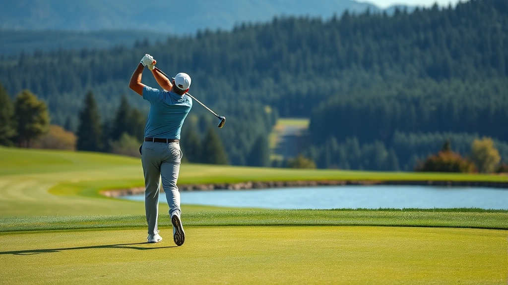 Professional golfer mid-swing on manicured fairway with water hazard visible, distant forested hills, natural outdoor lighting, action sports photography