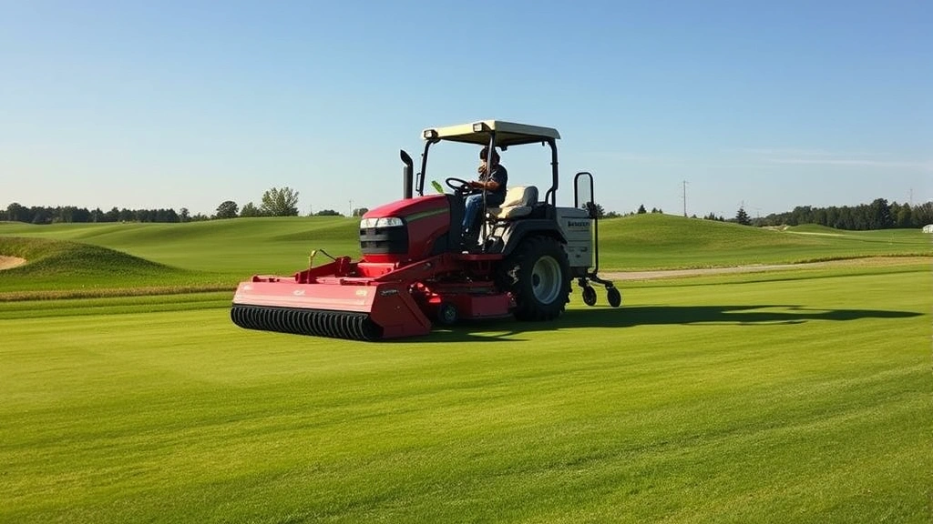 Golf course maintenance team operating precision equipment on fairway with clear sky, demonstrating professional turf care operations and equipment management practices